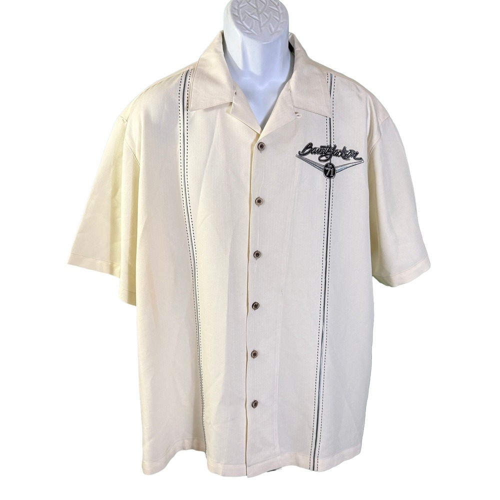 Barrett-Jackson Button Up Shirt Mens Large Cream Short Sleeve Herringbone Logo